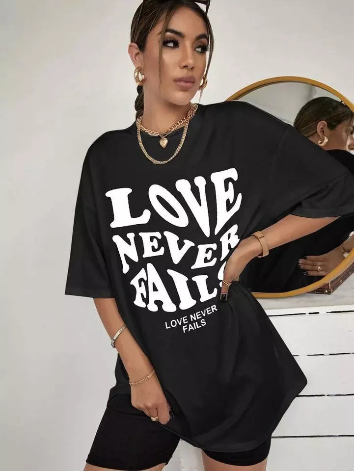 LOVE NEVER FAIL GRAPHIC OVERSIZED DROP SHOULDER TSHIRT