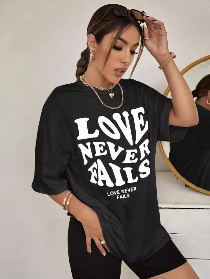 LOVE NEVER FAIL GRAPHIC OVERSIZED DROP SHOULDER TSHIRT