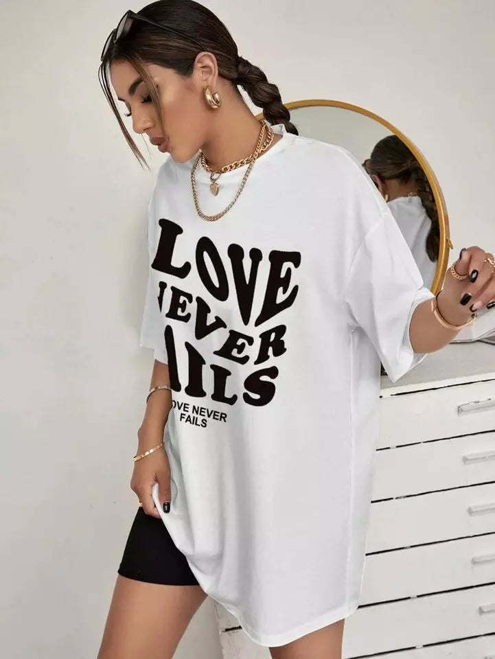 LOVE NEVER FAIL GRAPHIC OVERSIZED DROP SHOULDER TSHIRT
