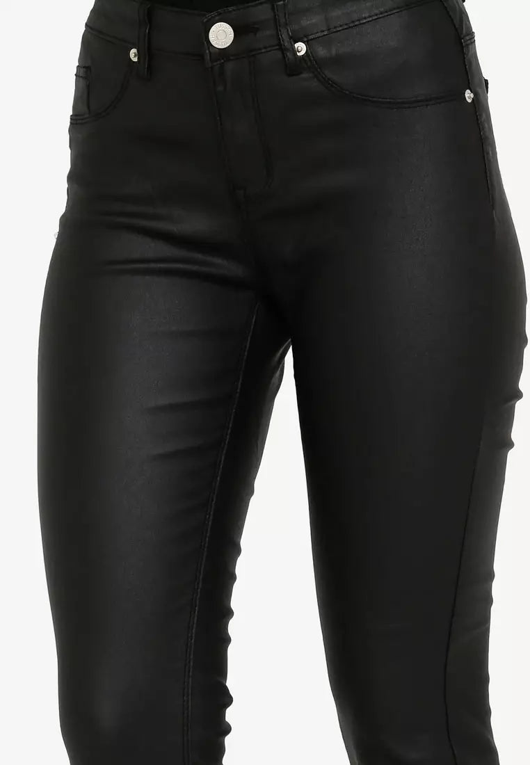 Womens Black High Rise Wax Coated Jeans