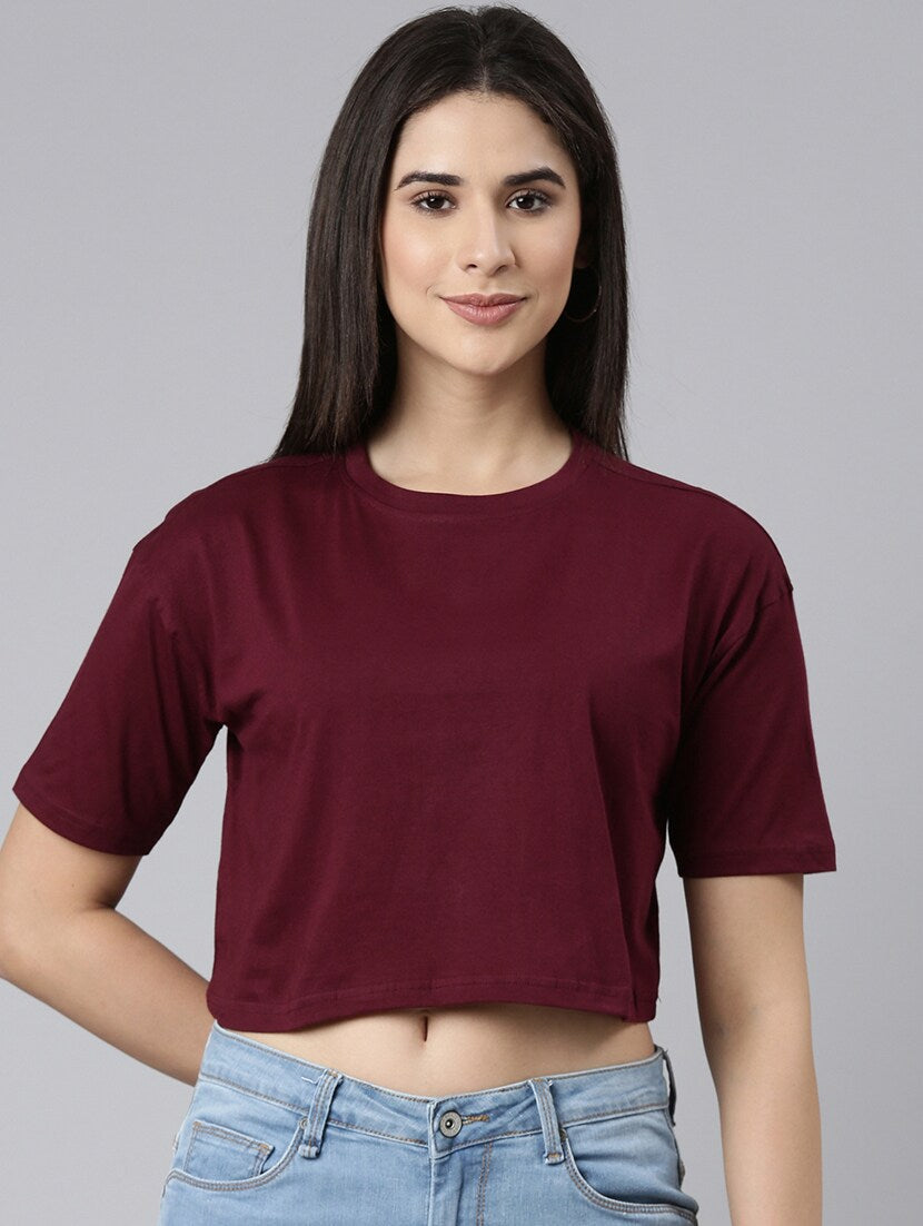 Women's Cotton Plain Round Neck Half Sleeve Crop Top - Maroon