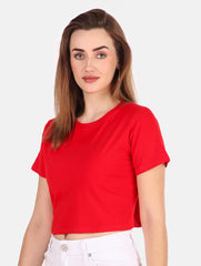 Women's Cotton Plain Round Neck Half Sleeve Crop Top - Red